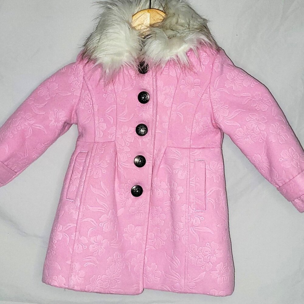 2T Pink Peacoat With Faux Fur Trim